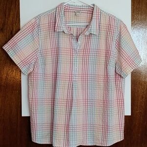 Women's 1X LL Bean White/Multi 100% Cotton Seersucker Collared SS Tunic
